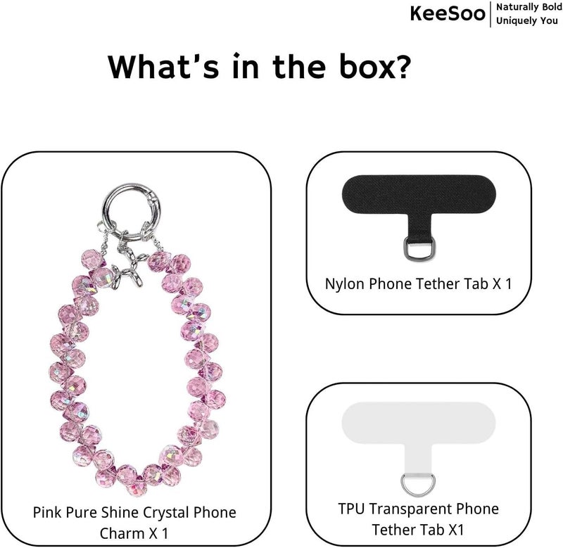 KEESOO Store Pink Pure Shine Crystal Original Design Phone Charm with 2 Tether Tabs – Stylish, Durable, and Hands-Free Phone Chain – Compatible with iPhone, Samsung, Pixel & More - Image 3